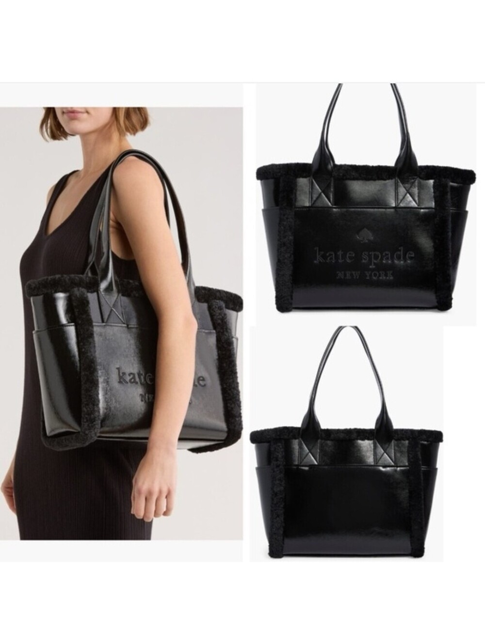 KATE SPADE New York Jette Faux Shearling Tote Bag Black Patent Large NWOT $489